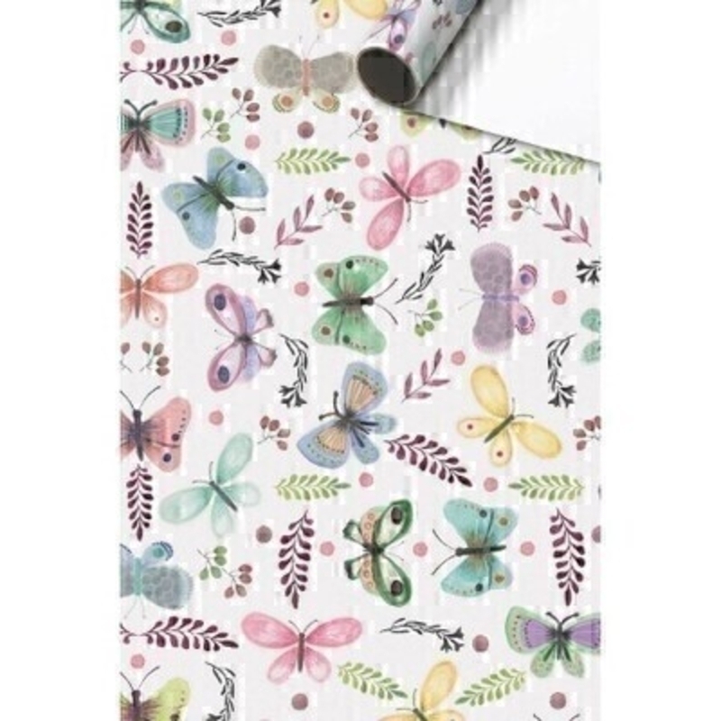 Luxury Fiala White roll wrap paper by Swiss designer Stewo is decorated with pastel butterflies. Coated wrapping paper 80gsm. Approx size of roll 70cm x 2metres.